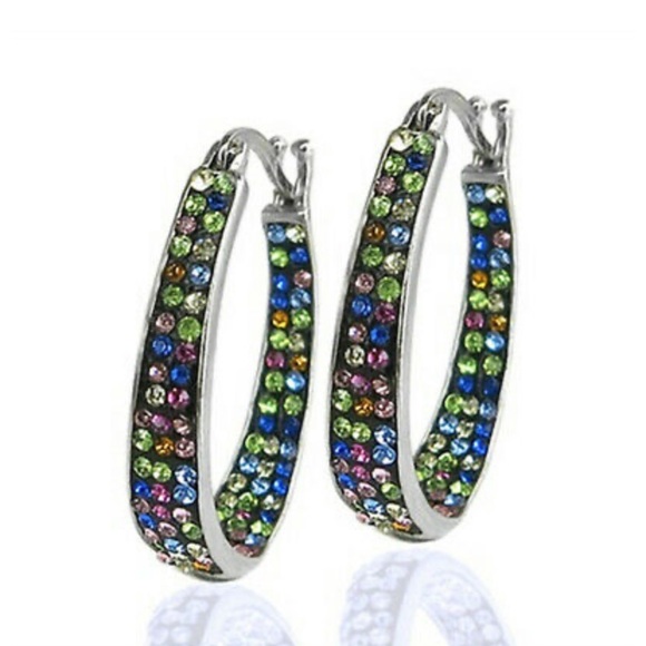 925 Silver Hoop Earring Multi-Color Crystal set - Picture 3 of 5